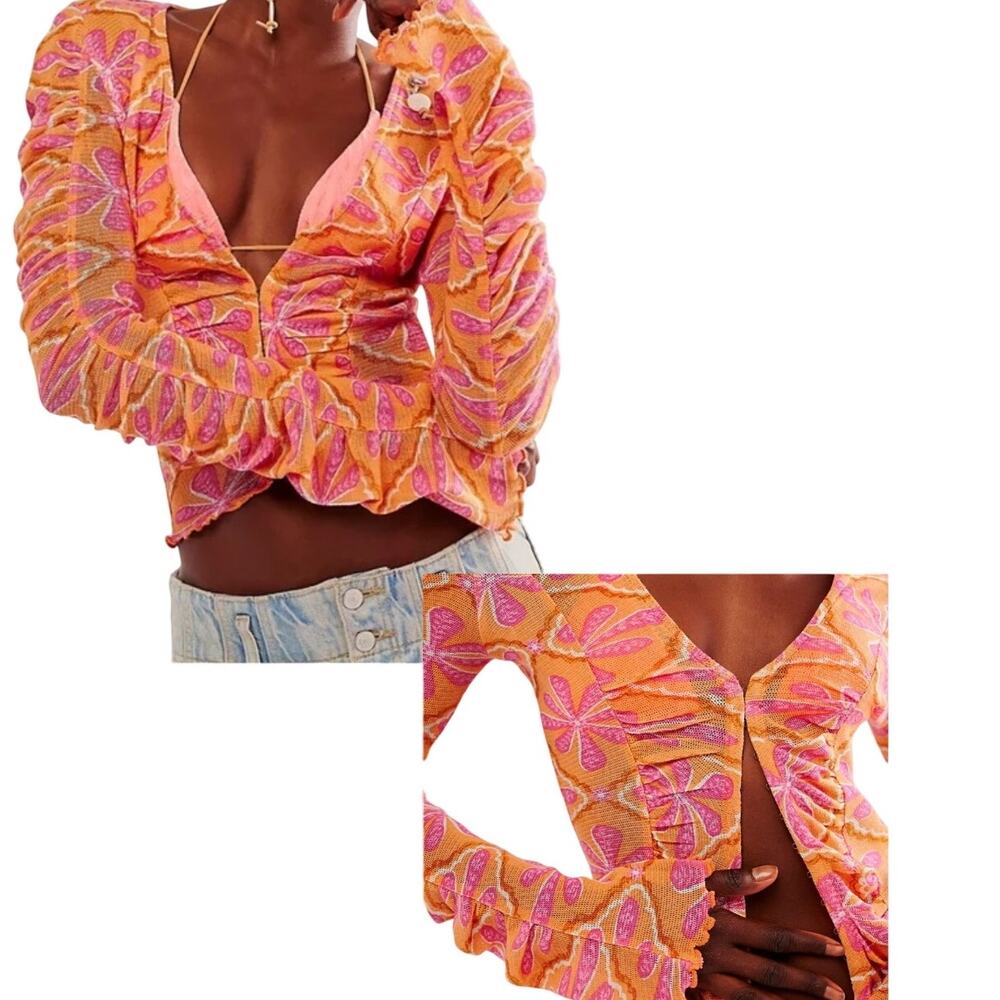 Free People Pink and Orange Cropped Ruffled Button-Front Blouse